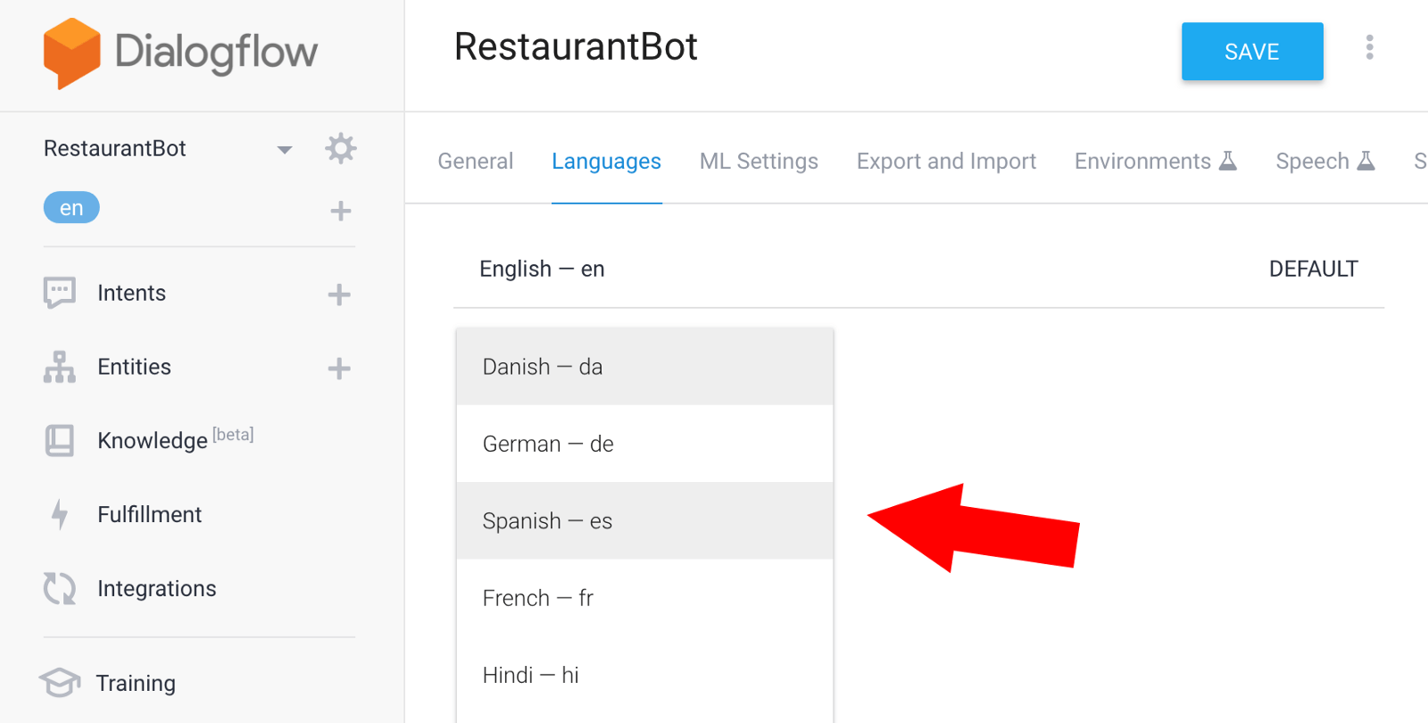 Dialogflow languages for Manychat